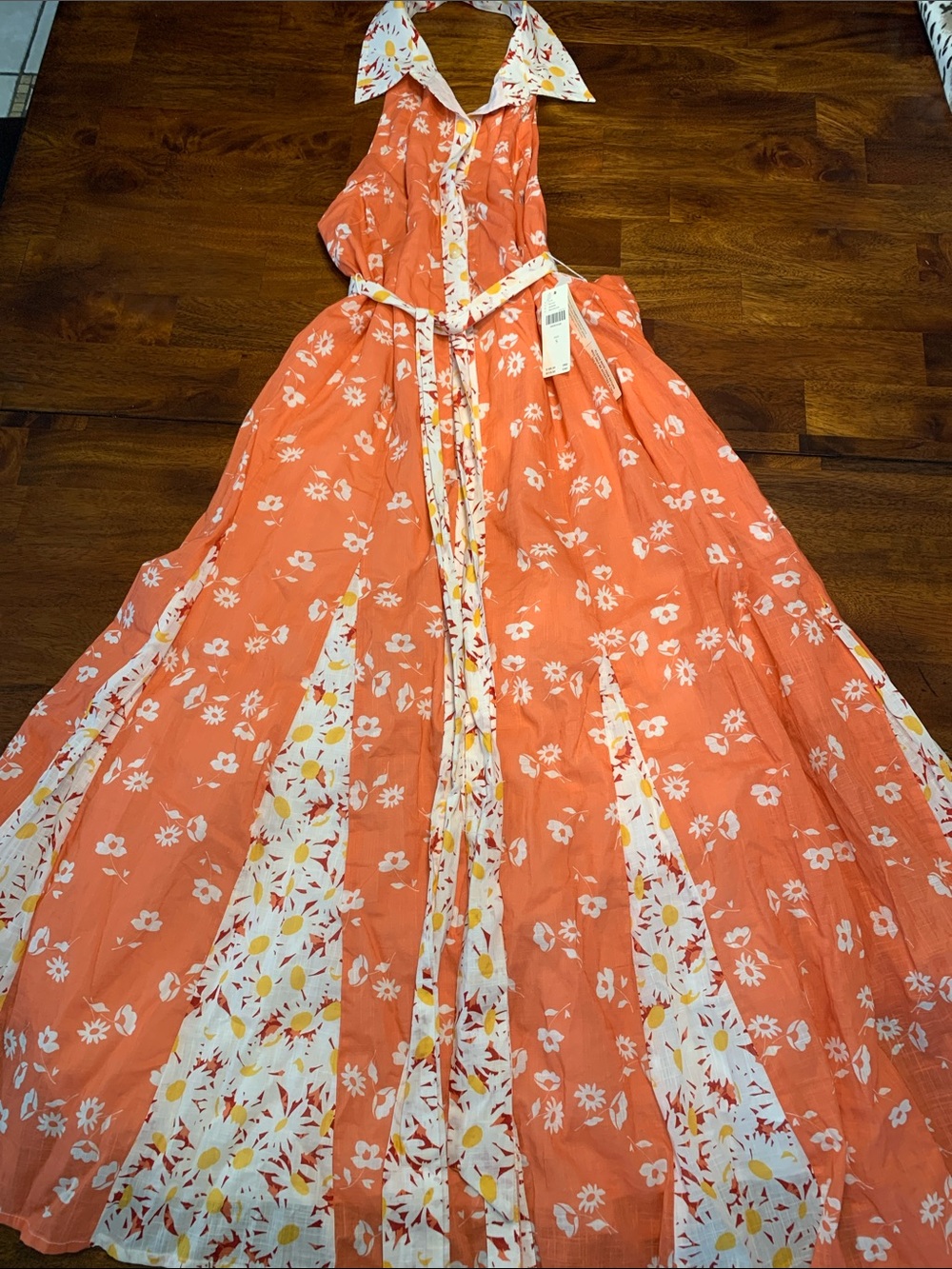 Anthropologie Orange and White Floral Halter Maxi Dress